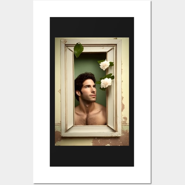 Solitude and Melancholy: Portrait of an Enigmatic Man Framed by White Roses Wall Art by PenguiQueer